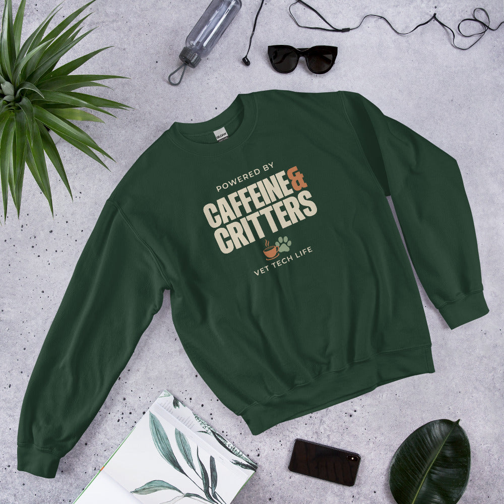 Powered by Caffeine & Critters funny vet tech crewneck sweatshirt — Forest Green, front-right