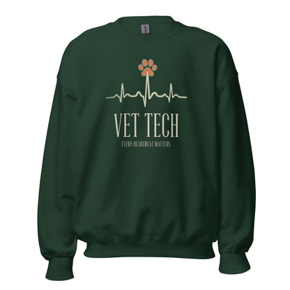 Every Heartbeat Matters minimalist vet tech crewneck sweatshirt — Forest Green, front