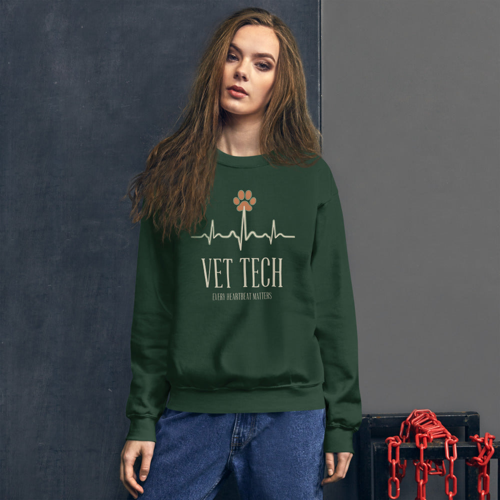 Every Heartbeat Matters minimalist vet tech crewneck sweatshirt — Forest Green, on model