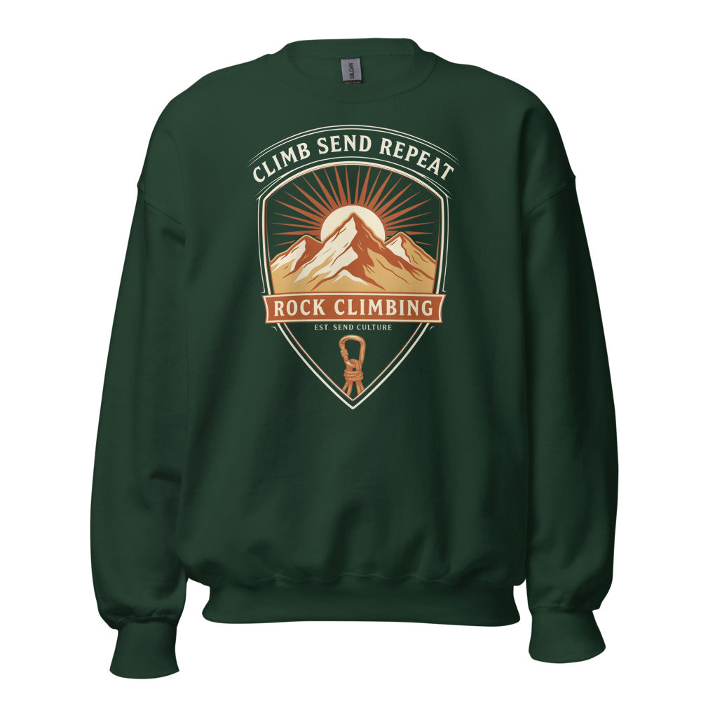 Climb Send Repeat mountaineering crest crewneck sweatshirt — Forest Green, front