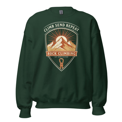 Climb Send Repeat mountaineering crest crewneck sweatshirt — Forest Green, front