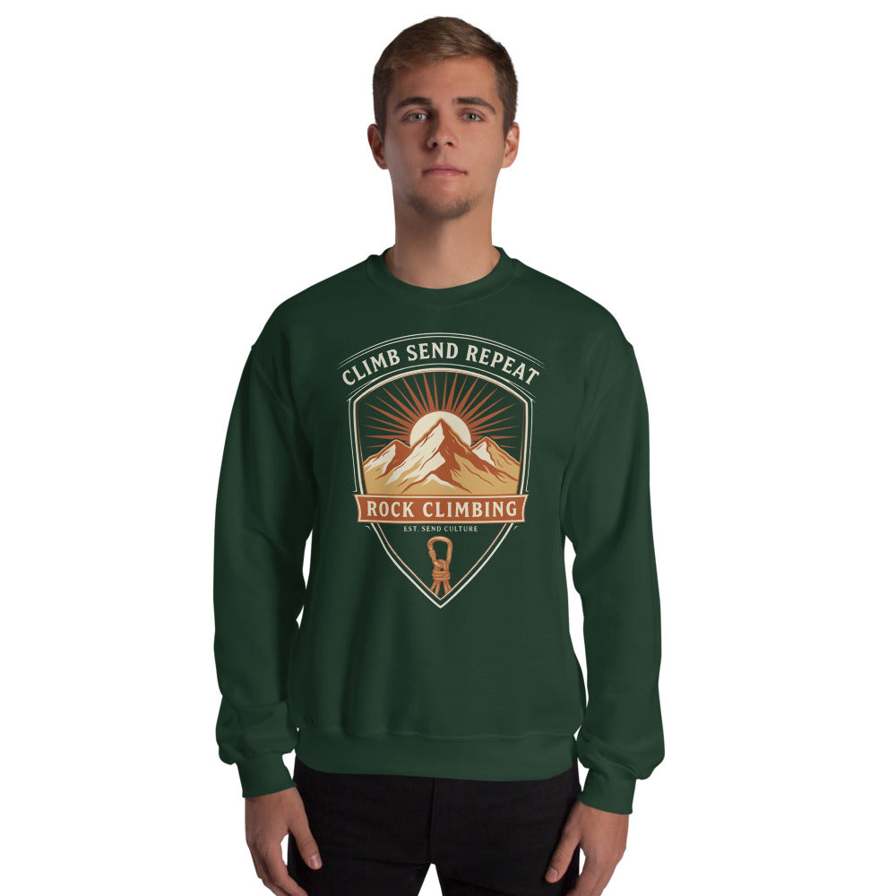 Climb Send Repeat mountaineering crest crewneck sweatshirt — Forest Green, on model