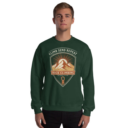 Climb Send Repeat mountaineering crest crewneck sweatshirt — Forest Green, on model