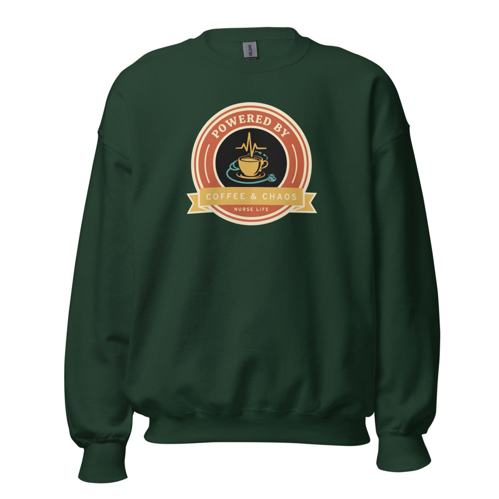 Powered by Coffee & Chaos retro nurse badge crewneck sweatshirt — Forest Green, front