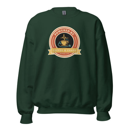 Powered by Coffee & Chaos retro nurse badge crewneck sweatshirt — Forest Green, front