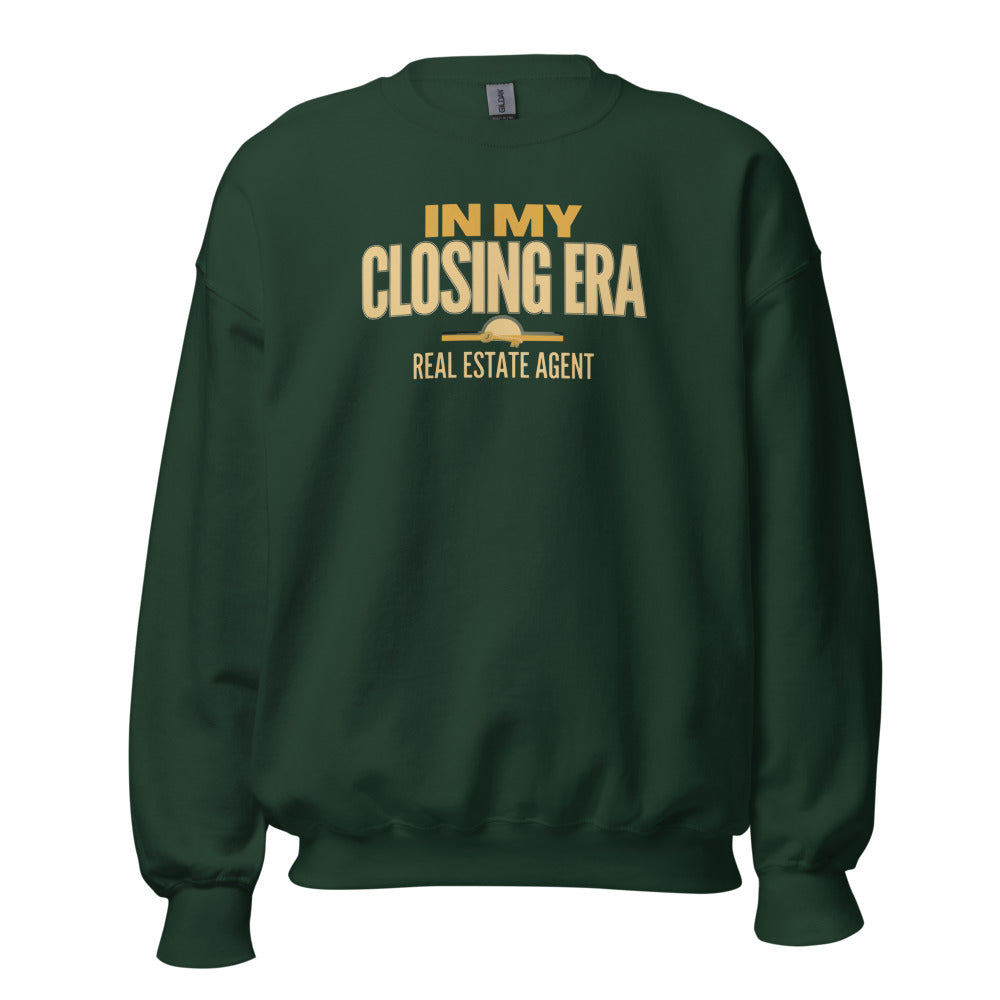 In My Closing Era real estate agent crewneck sweatshirt — Forest Green, front