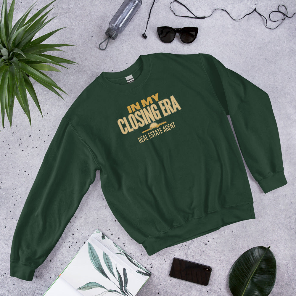 In My Closing Era real estate agent crewneck sweatshirt — Forest Green, front-right