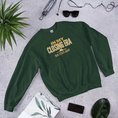 In My Closing Era real estate agent crewneck sweatshirt — Forest Green, front-right