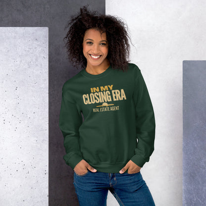 In My Closing Era real estate agent crewneck sweatshirt — Forest Green, on model