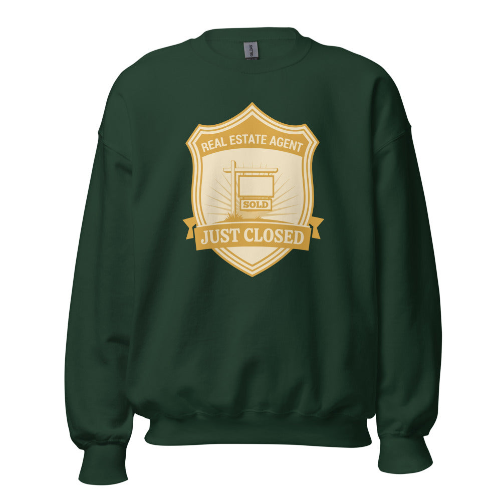 Just Closed real estate agent crewneck sweatshirt — Forest Green, front