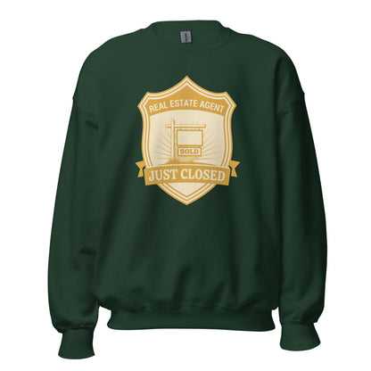 Just Closed real estate agent crewneck sweatshirt — Forest Green, front