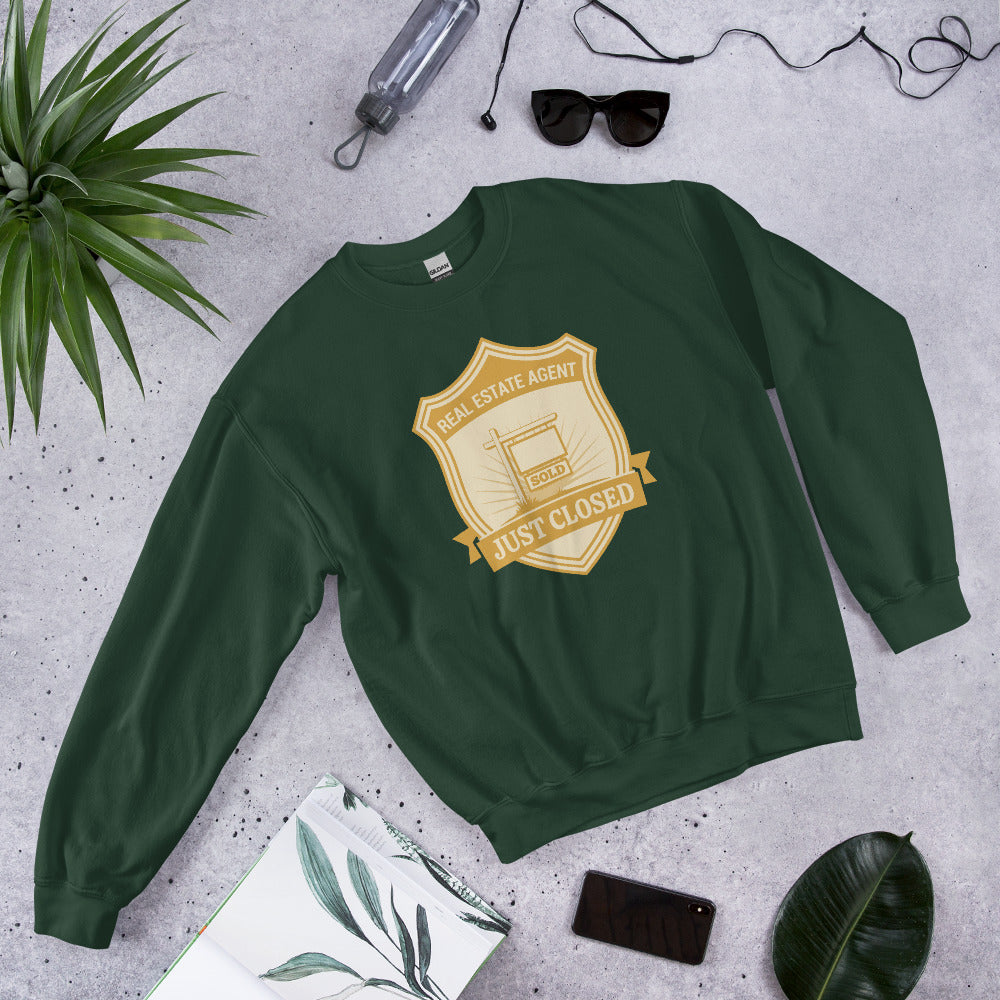Just Closed real estate agent crewneck sweatshirt — Forest Green, front-right