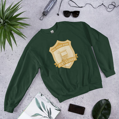 Just Closed real estate agent crewneck sweatshirt — Forest Green, front-right