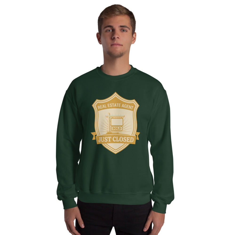Just Closed real estate agent crewneck sweatshirt — Forest Green, on model