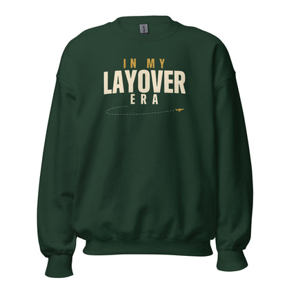 In My Layover Era flight attendant crewneck sweatshirt — Forest Green, front