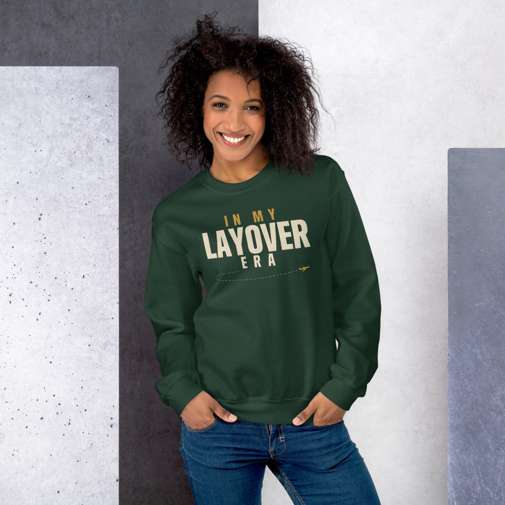In My Layover Era flight attendant crewneck sweatshirt — Forest Green, on model