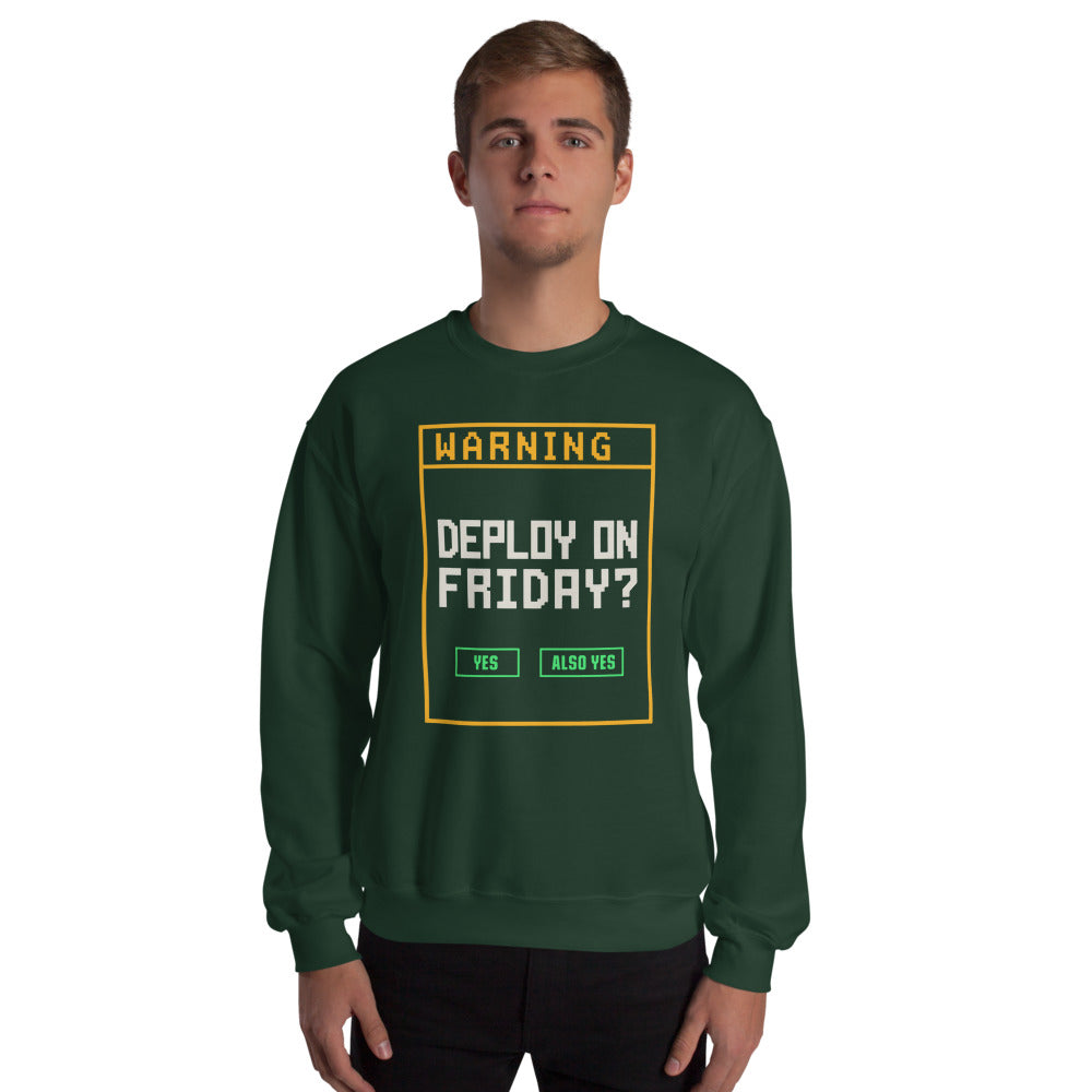 Deploy On Friday programmer crewneck — Forest Green, on model