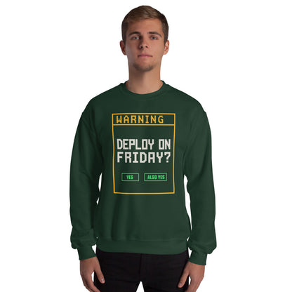 Deploy On Friday programmer crewneck — Forest Green, on model