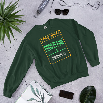 Prod Is Fine programmer crewneck — Forest Green, front-right