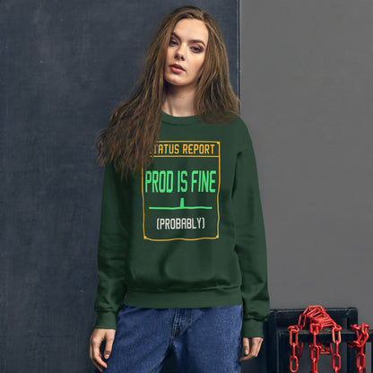 Prod Is Fine programmer crewneck — Forest Green, on model