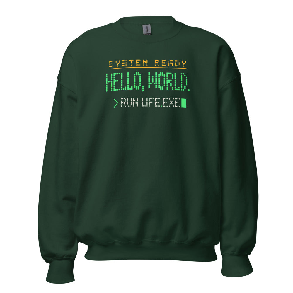 Hello World retro boot screen programmer crewneck sweatshirt — Forest Green, front