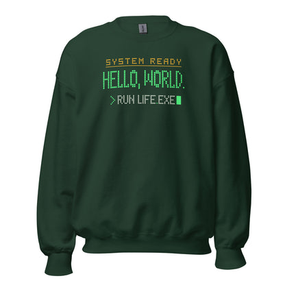 Hello World retro boot screen programmer crewneck sweatshirt — Forest Green, front