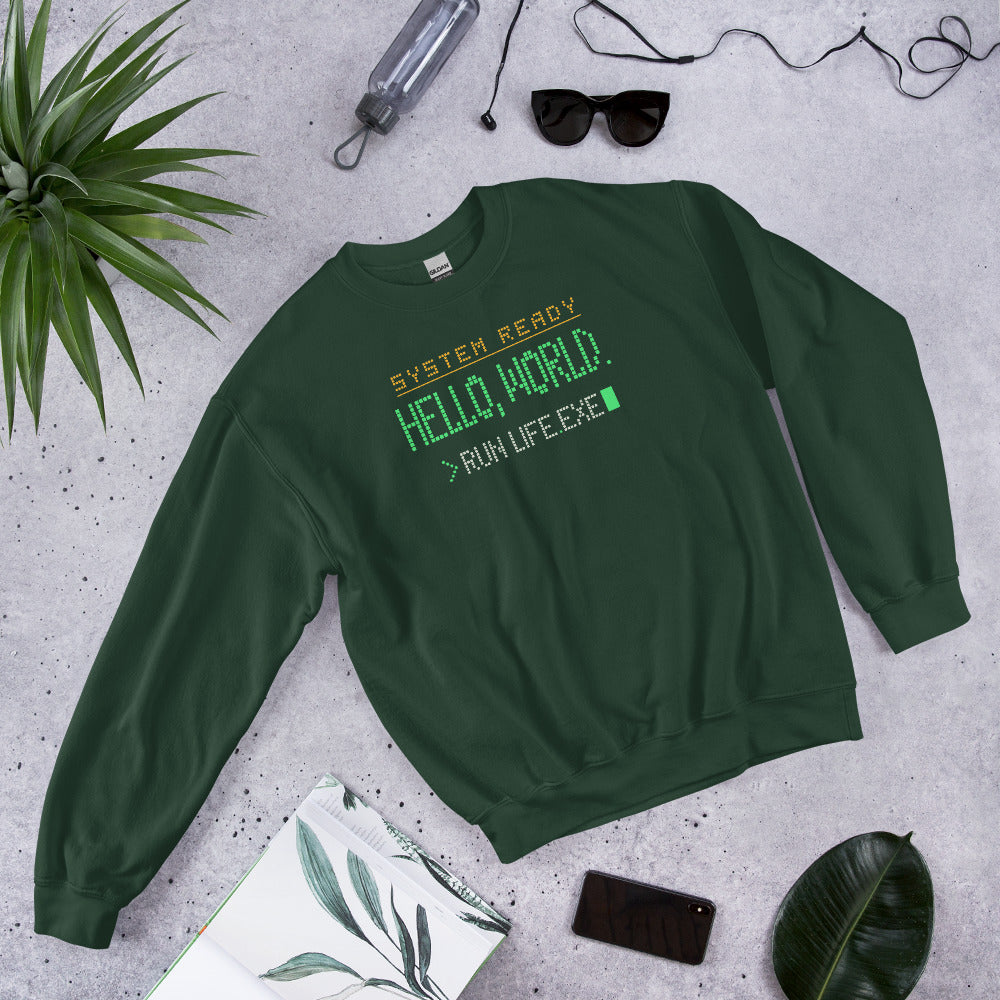 Hello World retro boot screen programmer crewneck sweatshirt — Forest Green, front-right