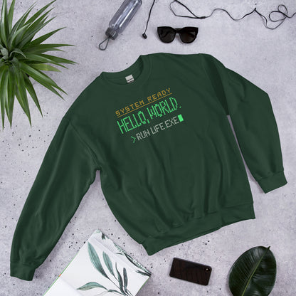 Hello World retro boot screen programmer crewneck sweatshirt — Forest Green, front-right