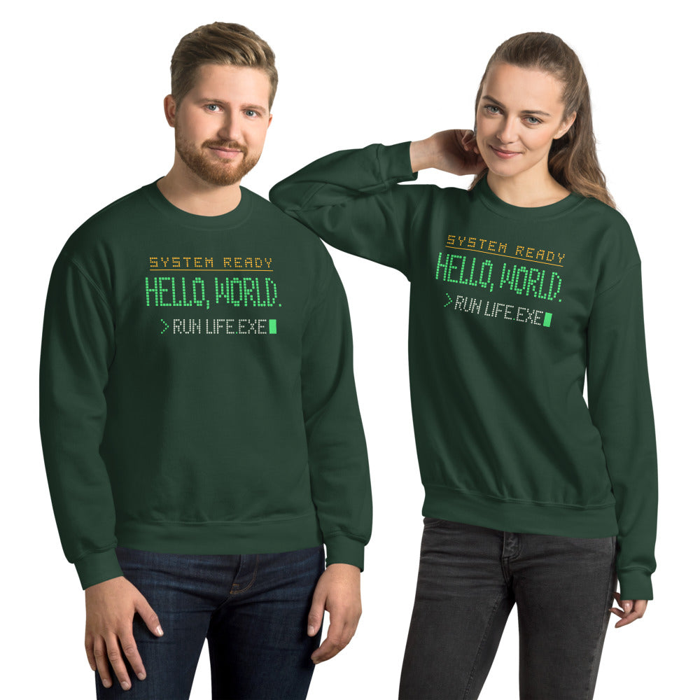 Hello World retro boot screen programmer crewneck sweatshirt — Forest Green, on model