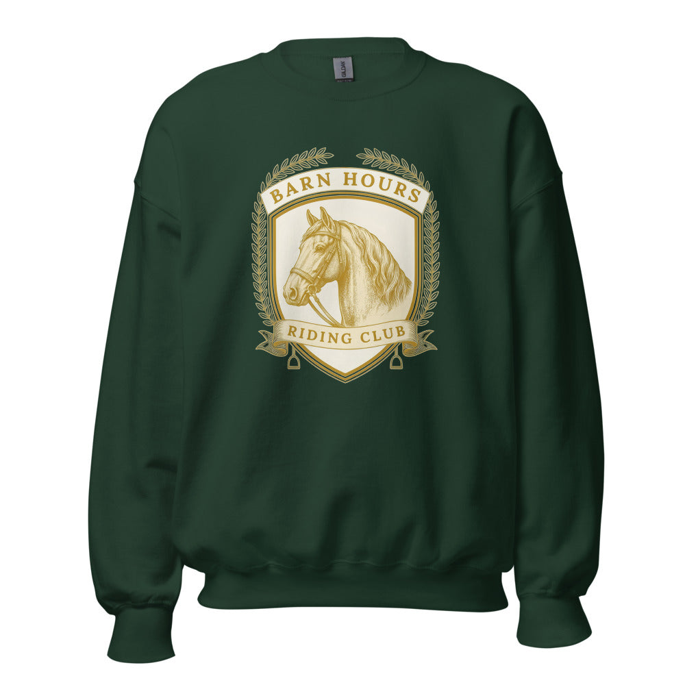 Barn Hours Riding Club vintage equestrian stable crest crewneck sweatshirt — Forest Green, front