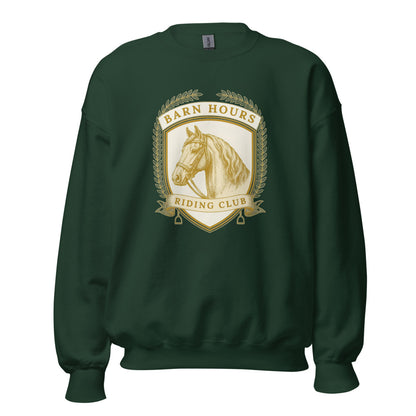 Barn Hours Riding Club vintage equestrian stable crest crewneck sweatshirt — Forest Green, front