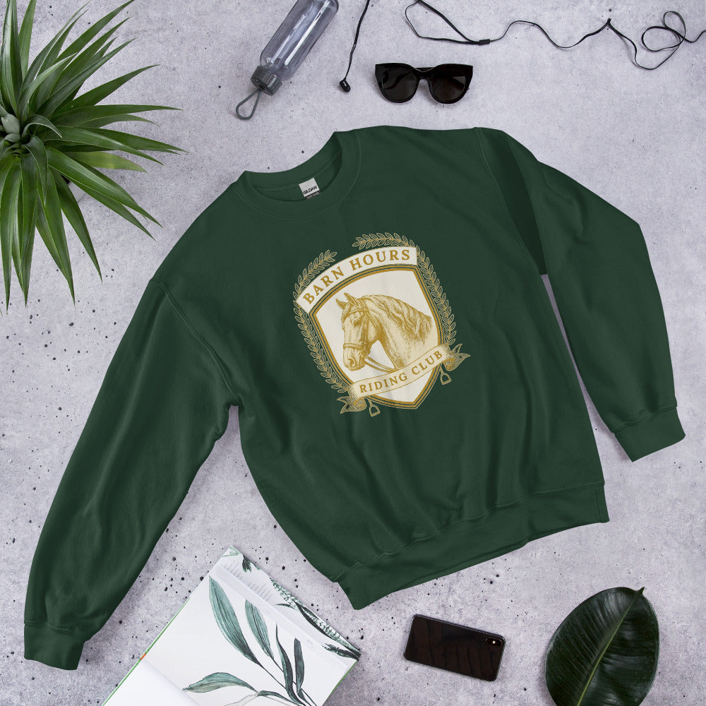 Barn Hours Riding Club vintage equestrian stable crest crewneck sweatshirt — Forest Green, front-right