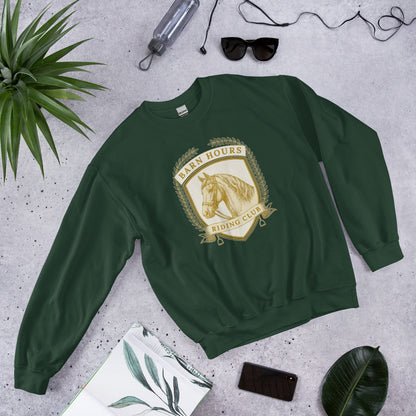 Barn Hours Riding Club vintage equestrian stable crest crewneck sweatshirt — Forest Green, front-right
