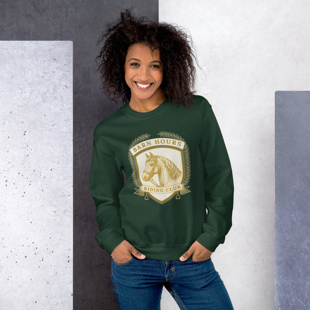 Barn Hours Riding Club vintage equestrian stable crest crewneck sweatshirt — Forest Green, on model