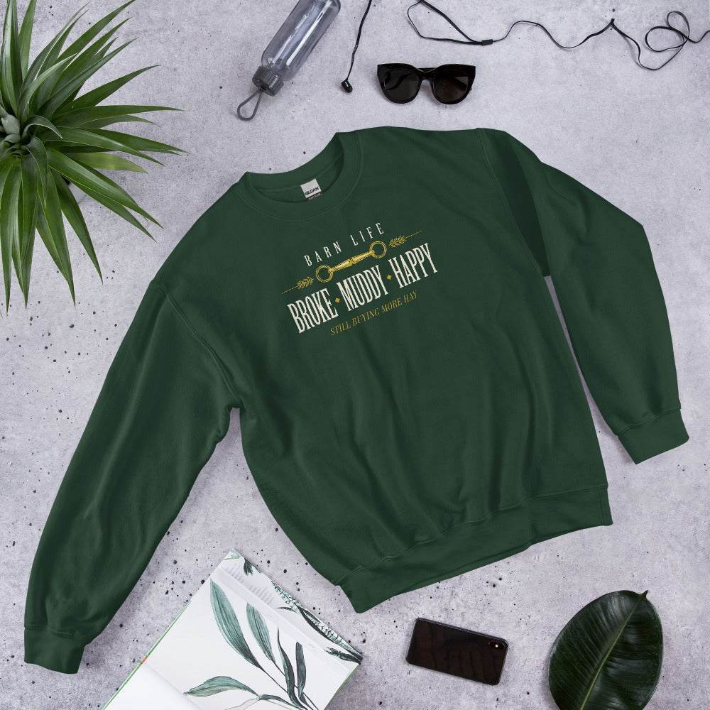 Broke Muddy Happy funny barn life equestrian crewneck sweatshirt — Forest Green, front-right