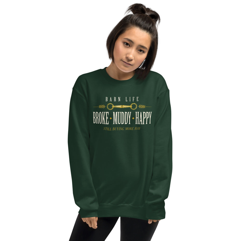 Broke Muddy Happy funny barn life equestrian crewneck sweatshirt — Forest Green, on model