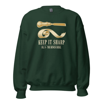 Keep It Sharp woodworking crewneck sweatshirt — Forest Green, front