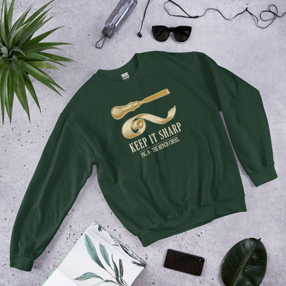 Keep It Sharp woodworking crewneck sweatshirt — Forest Green, front-right