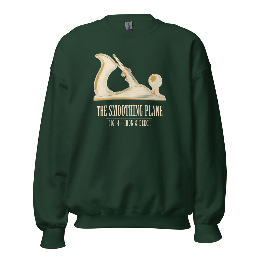 Fig. 4 The Smoothing Plane woodworking crewneck sweatshirt — Forest Green, front