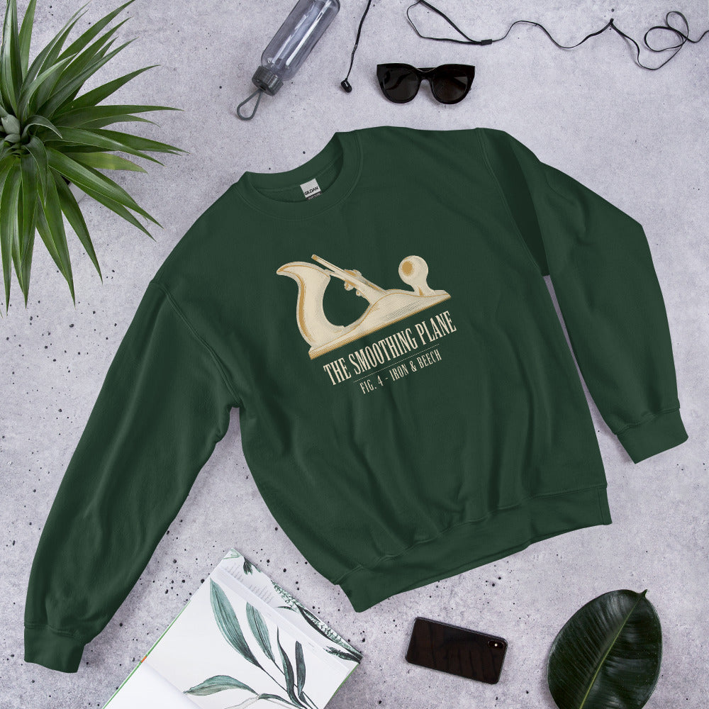 Fig. 4 The Smoothing Plane woodworking crewneck sweatshirt — Forest Green, front-right