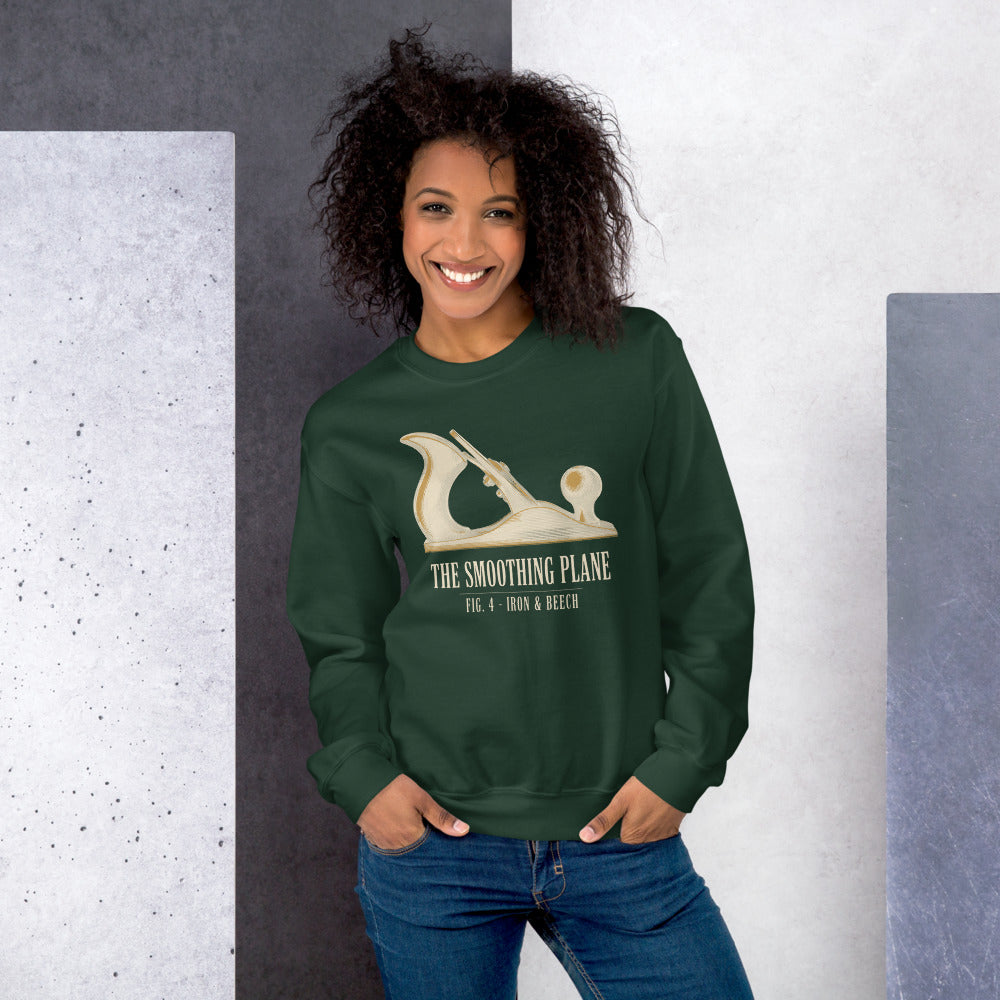 Fig. 4 The Smoothing Plane woodworking crewneck sweatshirt — Forest Green, on model