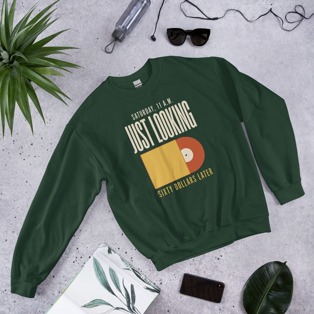 Just Looking Sixty Dollars Later vinyl record crewneck sweatshirt — Forest Green, front-right