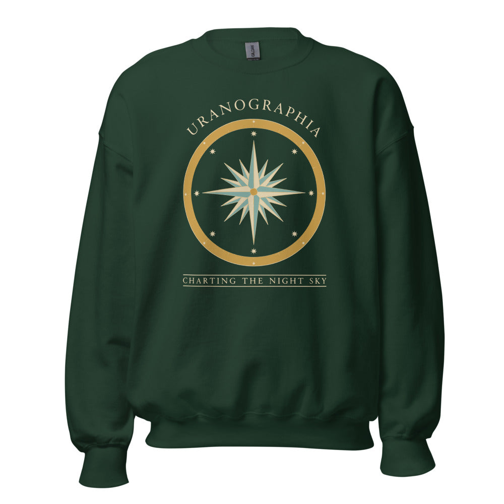 Uranographia vintage celestial chart astronomy crewneck sweatshirt — Forest Green, front