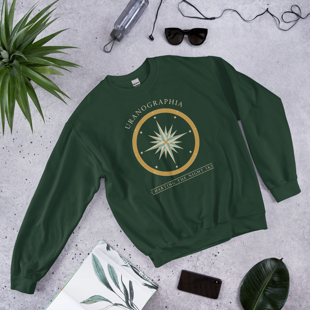 Uranographia vintage celestial chart astronomy crewneck sweatshirt — Forest Green, front-right