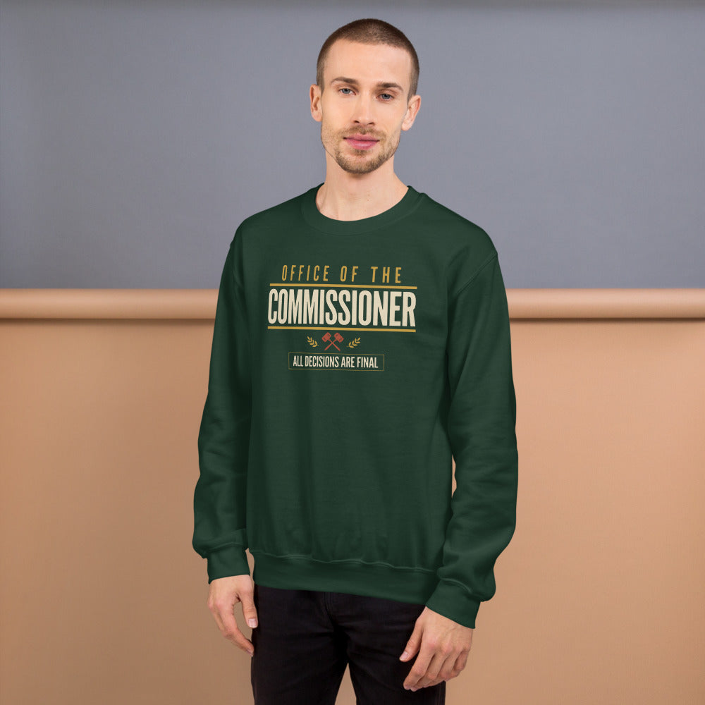 Office of the Commissioner fantasy football draft crewneck sweatshirt — Forest Green, on model
