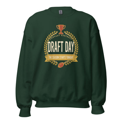 Draft Day Almanac vintage fantasy football champion crewneck sweatshirt — Forest Green, front
