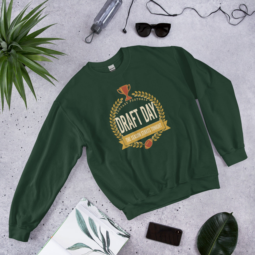 Draft Day Almanac vintage fantasy football champion crewneck sweatshirt — Forest Green, front-right