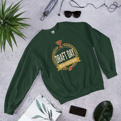 Draft Day Almanac vintage fantasy football champion crewneck sweatshirt — Forest Green, front-right
