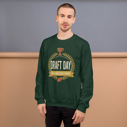 Draft Day Almanac vintage fantasy football champion crewneck sweatshirt — Forest Green, on model
