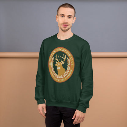 Whitetail Sporting Club vintage deer hunting crewneck sweatshirt — Forest Green, on model